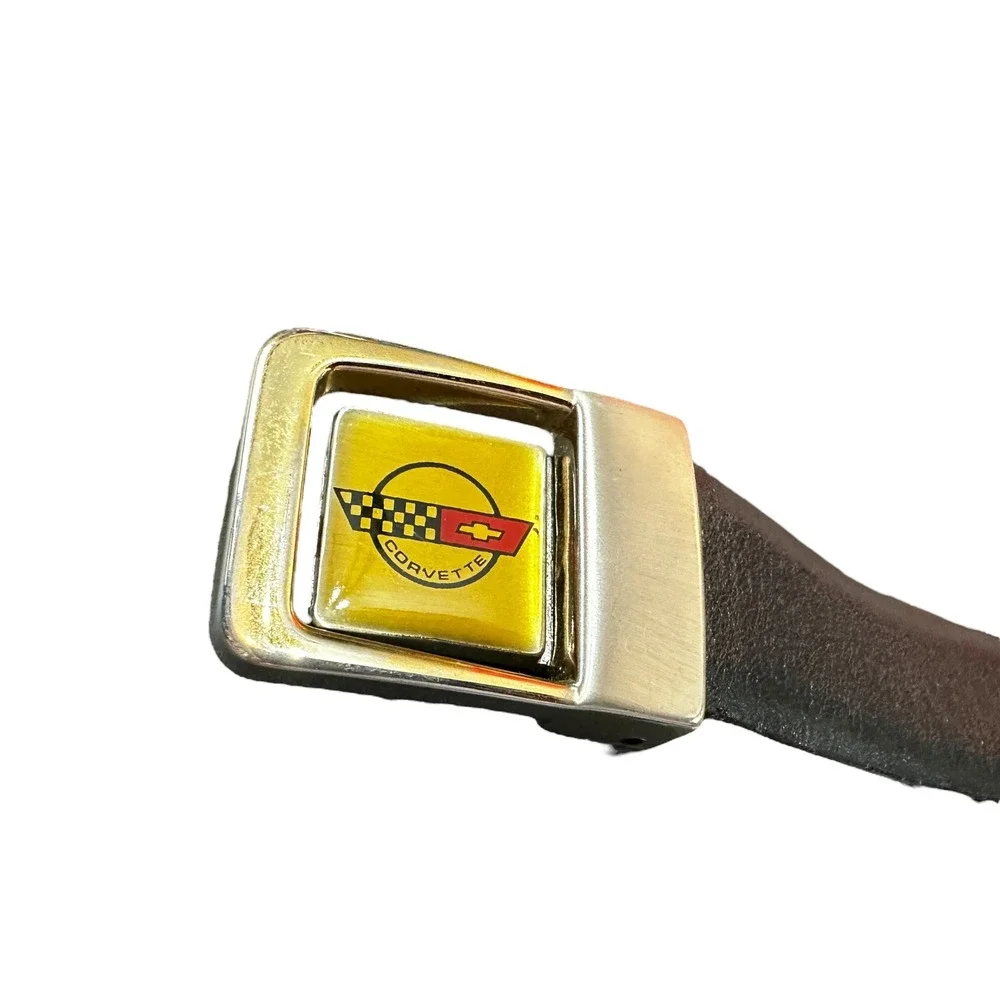 Vintage Corvette Belt Brown Leather Automotive‎ Car Emblem Novelty Buckle Mens
